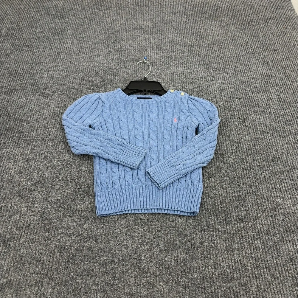 Ralph Lauren Sweater Girls 5 Blue Cotton Cable Knit Puffed Sleeve Preppy Classic